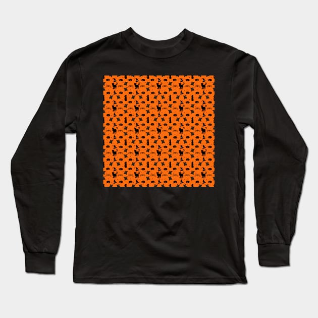 Cute Halloween Characters Orange and Black Pattern Long Sleeve T-Shirt by sarahwainwright